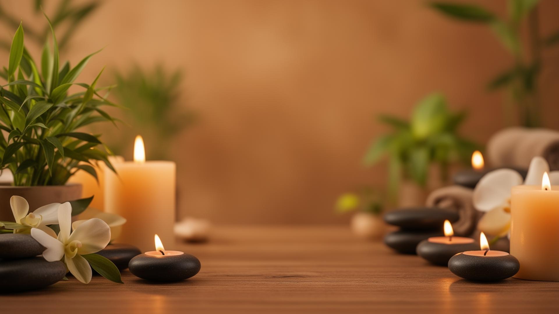 Entspannende Wellness-Atmosphäre mit Kerzen und Pflanzen
